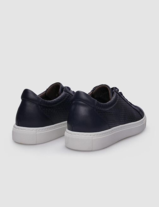 %100 Hakiki Deri Lacivert Bağcıklı Desenli Erkek Sneaker - Görsel 4