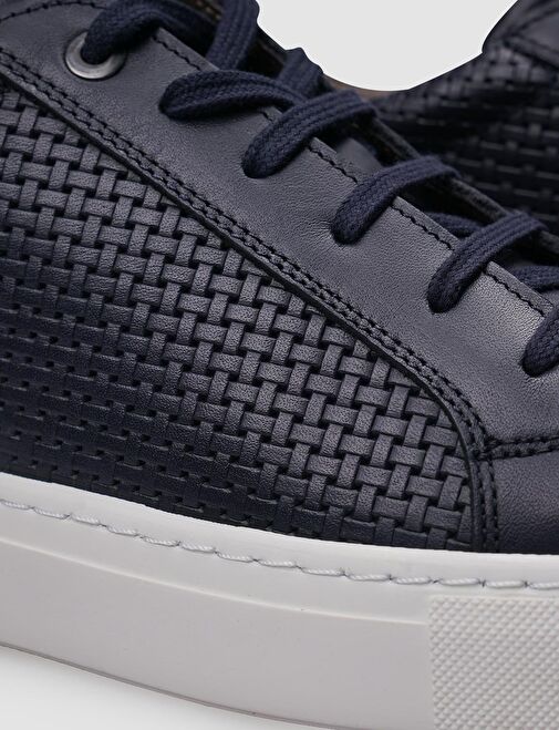 %100 Hakiki Deri Lacivert Bağcıklı Desenli Erkek Sneaker - Görsel 5