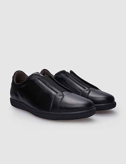 %100 Hakiki Deri Siyah Lastikli Erkek Sneaker - Görsel 3