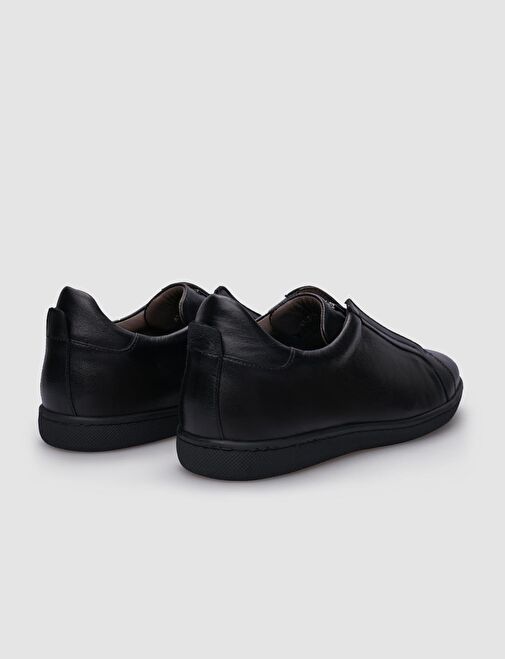 %100 Hakiki Deri Siyah Lastikli Erkek Sneaker - Görsel 4