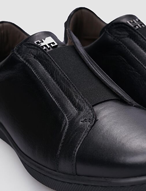 %100 Hakiki Deri Siyah Lastikli Erkek Sneaker - Görsel 5