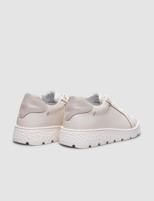 %100 Hakiki Deri Beyaz Bağcıklı Kadın Spor Ayakkabı - Görsel 4