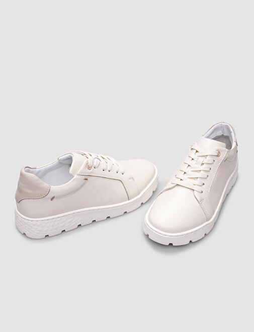 %100 Hakiki Deri Beyaz Bağcıklı Kadın Spor Ayakkabı - Görsel 5