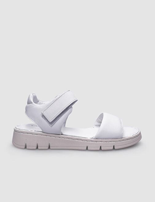 %100 Hakiki Deri Beyaz Cırt Cırt Kapamalı Kadın Sandalet - Görsel 2