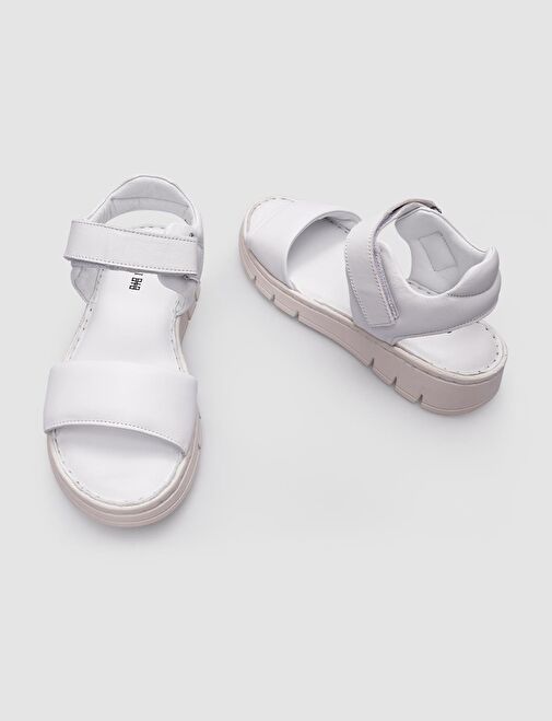 %100 Hakiki Deri Beyaz Cırt Cırt Kapamalı Kadın Sandalet - Görsel 5