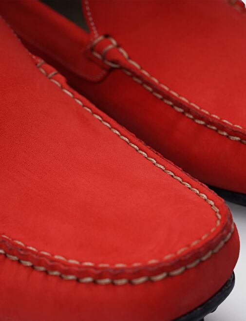 %100 Hakiki Deri Kırmızı Nubuk Erkek Loafer - Görsel 5