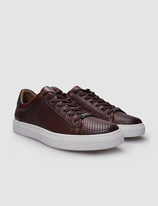 %100 Hakiki Deri Kahverengi Bağcıklı Desenli Erkek Sneaker - Görsel 3