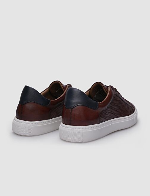%100 Hakiki Deri Kahverengi Bağcıklı Desenli Erkek Sneaker - Görsel 4