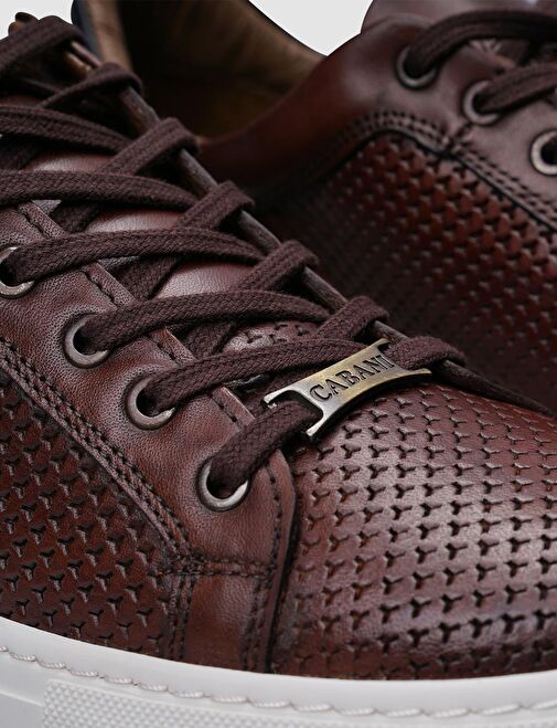 %100 Hakiki Deri Kahverengi Bağcıklı Desenli Erkek Sneaker - Görsel 5