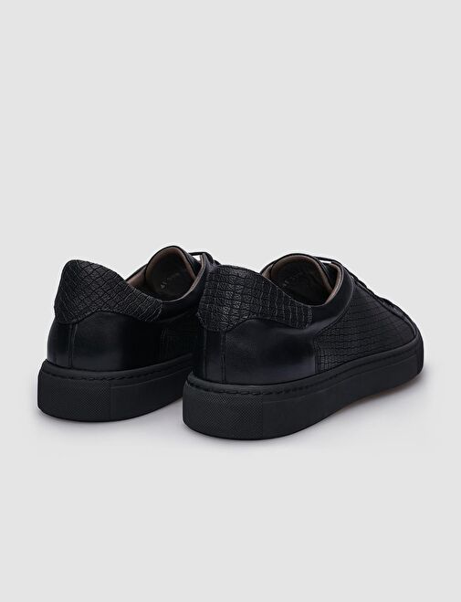 %100 Hakiki Deri Siyah Bağcıklı Desenli Erkek Sneaker - Görsel 4