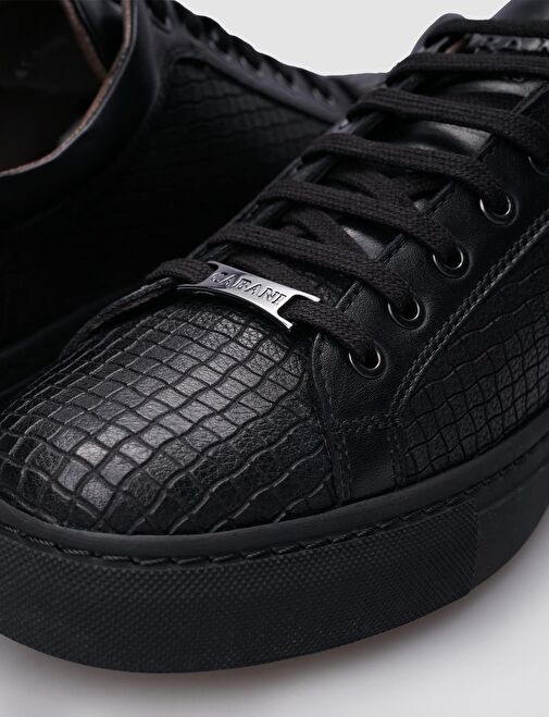 %100 Hakiki Deri Siyah Bağcıklı Desenli Erkek Sneaker - Görsel 5