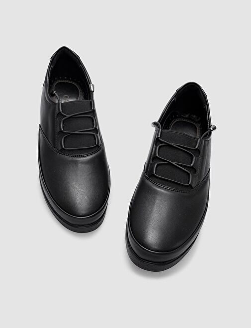 Siyah Lastik Bağcıklı Kadın Comfort Ayakkabı - Görsel 5