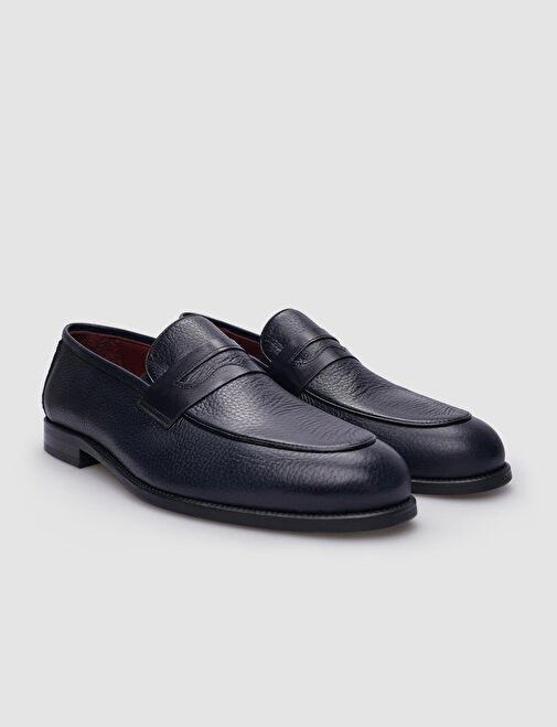 %100 Hakiki Deri Lacivert Bağcıksız Erkek Klasik Ayakkabı - Görsel 3