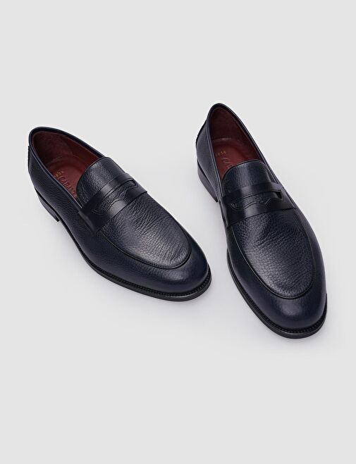 %100 Hakiki Deri Lacivert Bağcıksız Erkek Klasik Ayakkabı - Görsel 5