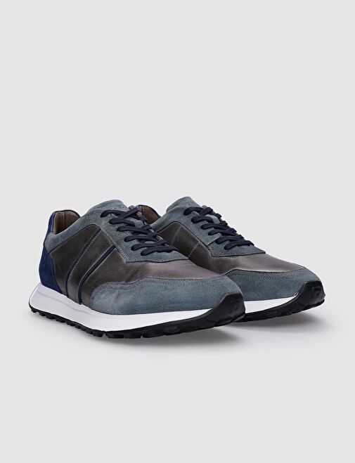 %100 Hakiki Deri Gri Bağcıklı Erkek Sneaker - Görsel 3