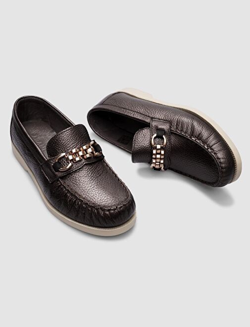 %100 Hakiki Deri Tokalı Kahverengi Kadın Günlük Ayakkabı - Görsel 5