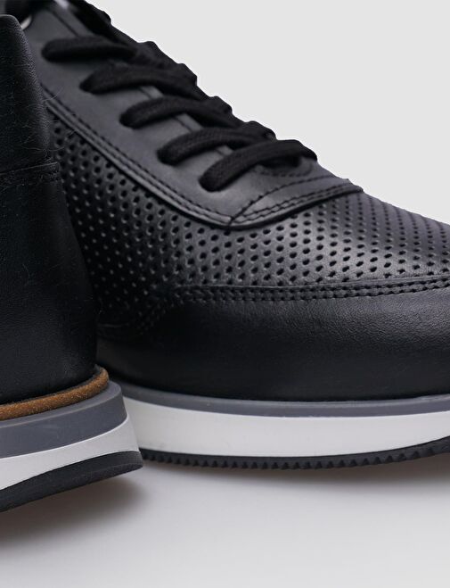 %100 Hakiki Deri Siyah Bağcıklı Erkek Sneaker - Görsel 5