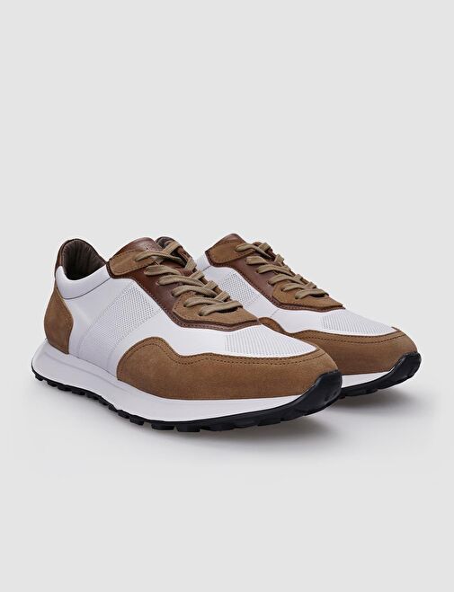 %100 Hakiki Deri Beyaz - Taba Süet Bağcıklı Erkek Spor Ayakkabı - Görsel 3