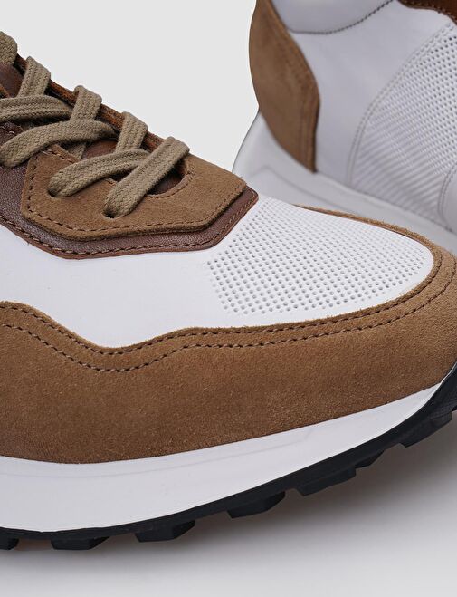 %100 Hakiki Deri Beyaz - Taba Süet Bağcıklı Erkek Spor Ayakkabı - Görsel 5