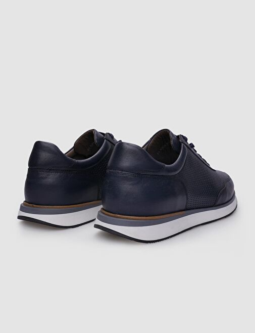 %100 Hakiki Deri Lacivert Bağcıklı Erkek Sneaker - Görsel 4