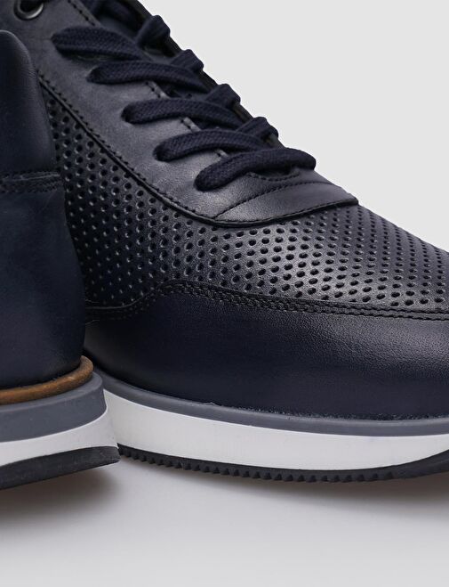 %100 Hakiki Deri Lacivert Bağcıklı Erkek Sneaker - Görsel 5