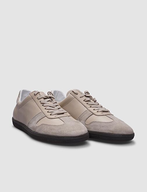 %100 Hakiki Deri Bej Bağcıklı Kadın Spor Ayakkabı - Görsel 3