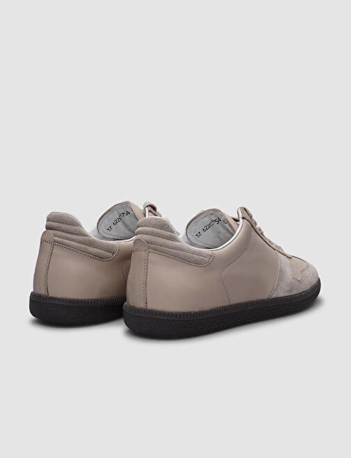 %100 Hakiki Deri Bej Bağcıklı Kadın Spor Ayakkabı - Görsel 4