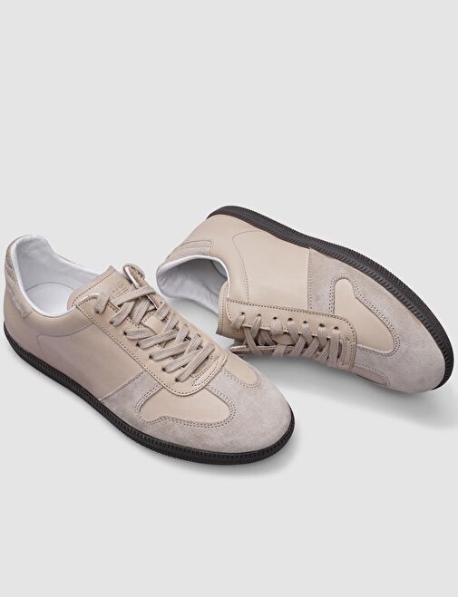 %100 Hakiki Deri Bej Bağcıklı Kadın Spor Ayakkabı - Görsel 5