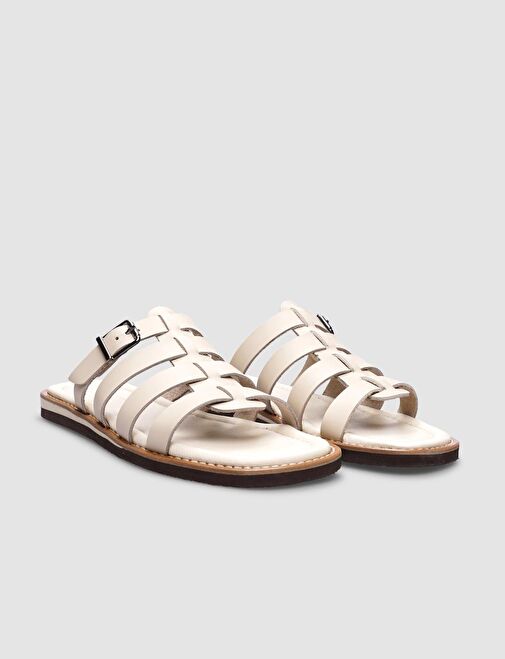 %100 Hakiki Deri Bej Yandan Tokalı Kadın Düz Terlik - Görsel 3