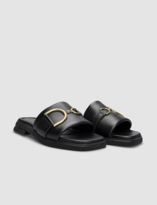 %100 Hakiki Deri Siyah Toka Detaylı Kadın Terlik - Görsel 3