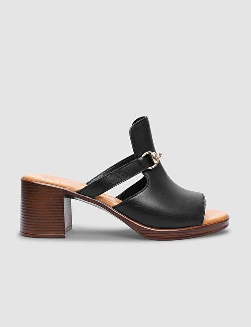%100 Hakiki Deri Siyah Kadın Kalın Topuklu Terlik - Görsel 2