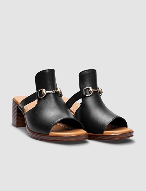 %100 Hakiki Deri Siyah Kadın Kalın Topuklu Terlik - Görsel 3