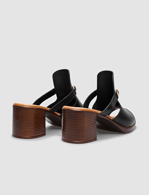 %100 Hakiki Deri Siyah Kadın Kalın Topuklu Terlik - Görsel 4