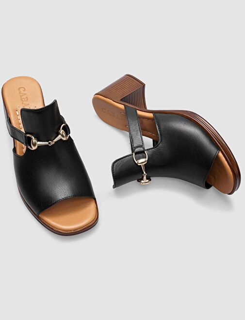 %100 Hakiki Deri Siyah Kadın Kalın Topuklu Terlik - Görsel 5