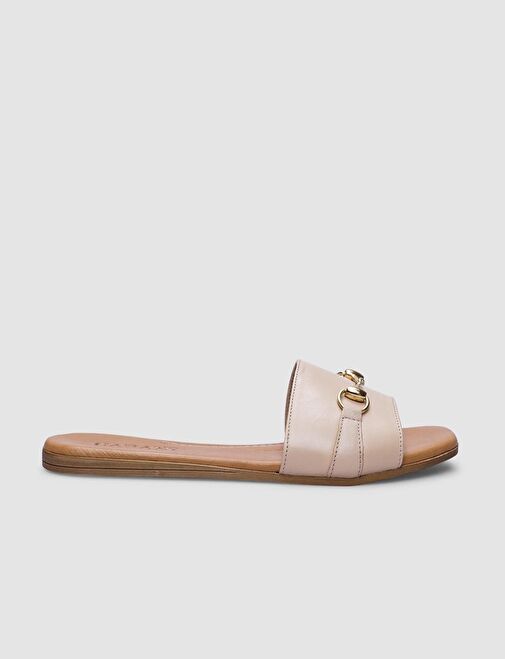 Hakiki Deri Bej Toka Detaylı Kadın Terlik - Görsel 2