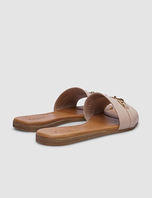 Hakiki Deri Bej Toka Detaylı Kadın Terlik - Görsel 4