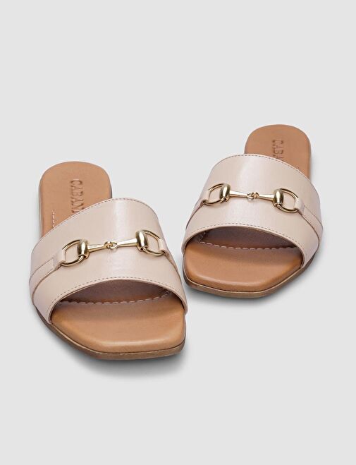 Hakiki Deri Bej Toka Detaylı Kadın Terlik - Görsel 5