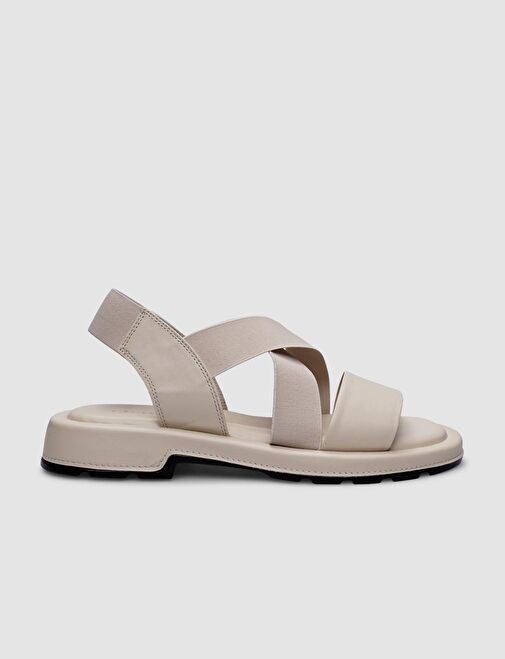 %100 Hakiki Deri Bej Lastikli Kadın Sandalet - Görsel 2