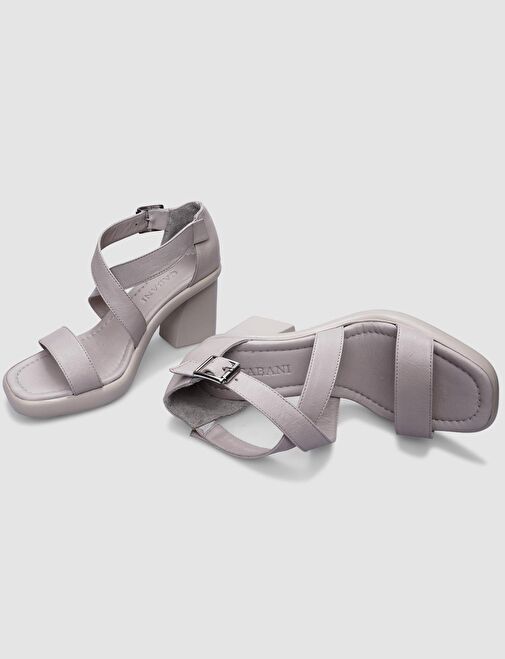 %100 Hakiki Deri Gri Tokalı Kadın Topuklu Sandalet - Görsel 5