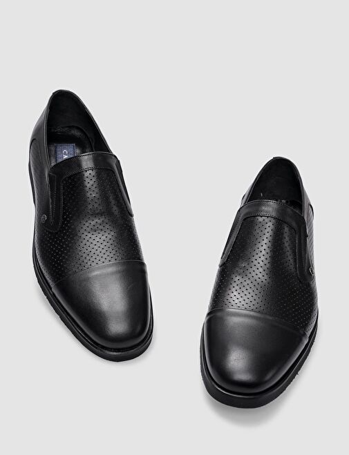 %100 Hakiki Deri Siyah Lazer Detaylı Erkek Klasik Ayakkabı - Görsel 5