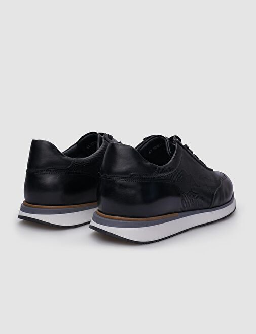 %100 Hakiki Deri Siyah Desenli Bağcıklı Erkek Sneaker - Görsel 4