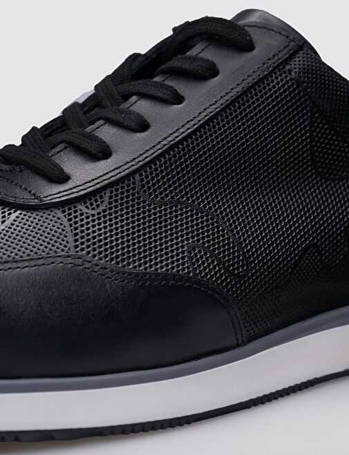 %100 Hakiki Deri Siyah Desenli Bağcıklı Erkek Sneaker - Görsel 5