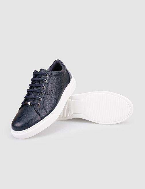 %100 Hakiki Deri Lacivert Bağcıklı Erkek Sneaker - Görsel 5