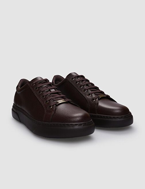 %100 Hakiki Deri Kahverengi Bağcıklı Erkek Sneaker - Görsel 3