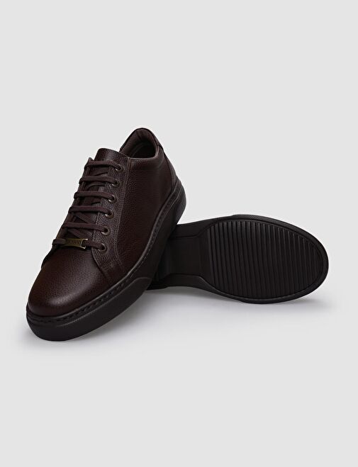 %100 Hakiki Deri Kahverengi Bağcıklı Erkek Sneaker - Görsel 5