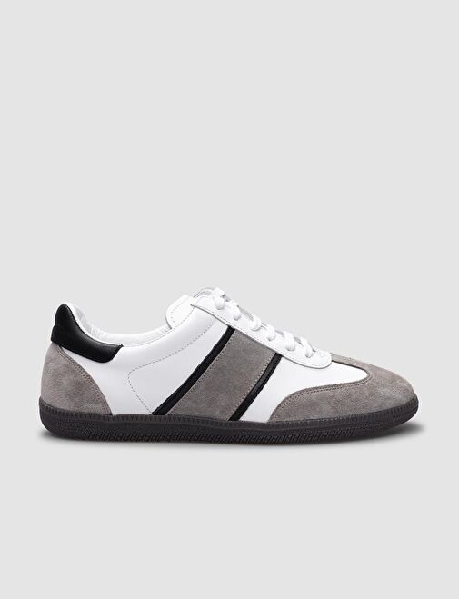 %100 Hakiki Deri Beyaz - Bej Süet Bağcıklı Kadın Spor Ayakkabı - Görsel 2