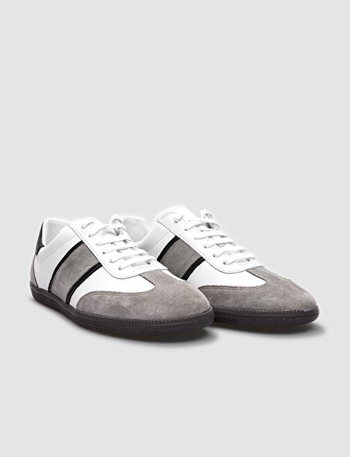 %100 Hakiki Deri Beyaz - Bej Süet Bağcıklı Kadın Spor Ayakkabı - Görsel 3