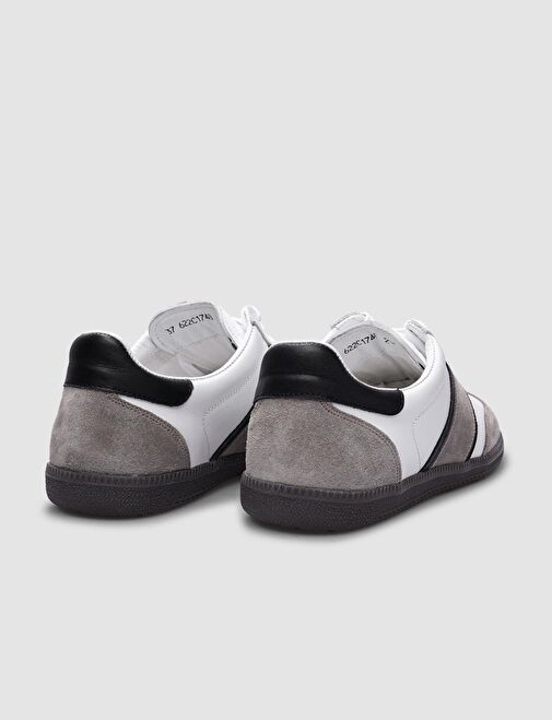 %100 Hakiki Deri Beyaz - Bej Süet Bağcıklı Kadın Spor Ayakkabı - Görsel 4