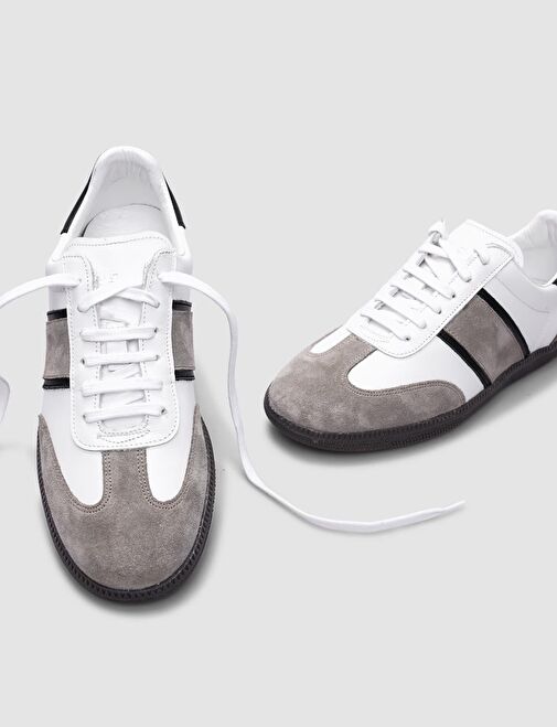 %100 Hakiki Deri Beyaz - Bej Süet Bağcıklı Kadın Spor Ayakkabı - Görsel 5