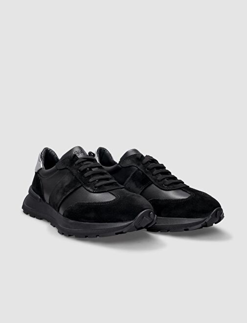 %100 Hakiki Deri Siyah Bağcıklı Kadın Spor Ayakkabı - Görsel 3